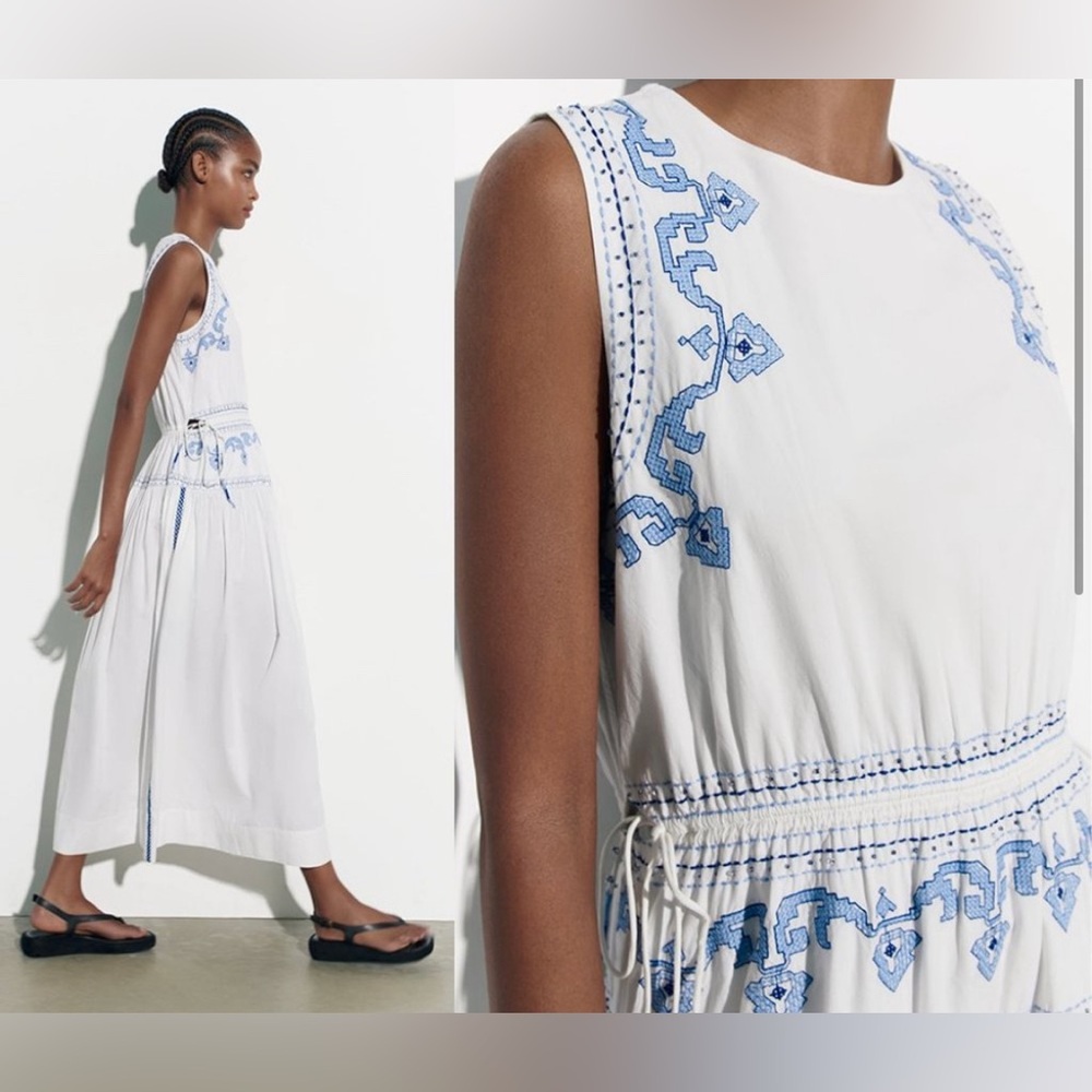 ZARA Embroidered White & Blue Sleeveless Dress